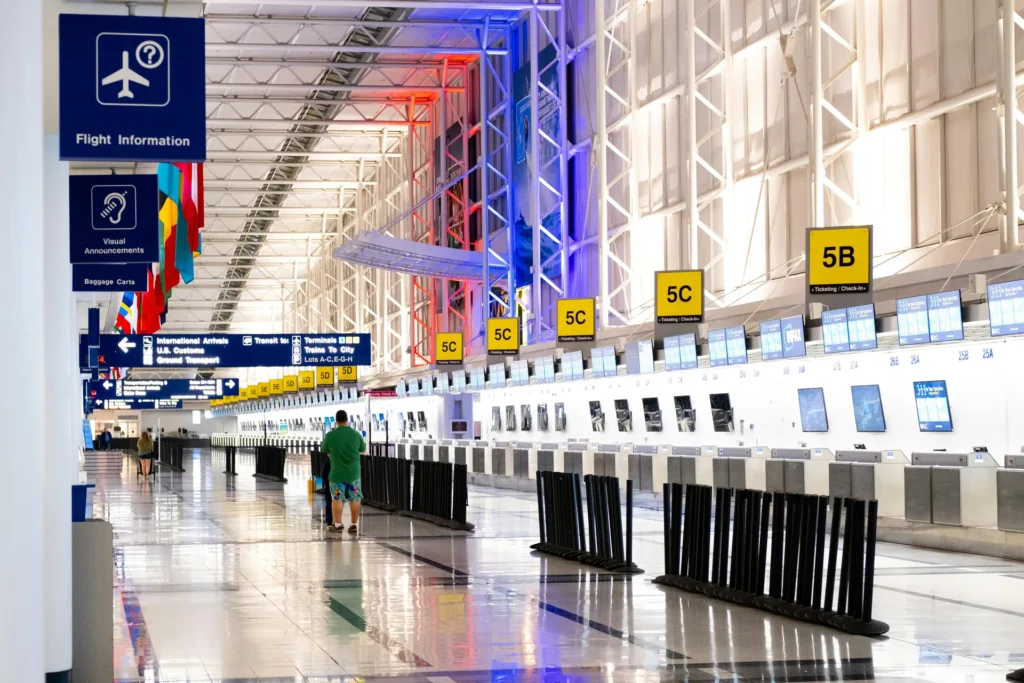 Airport check in terminal with high gloss flooring.