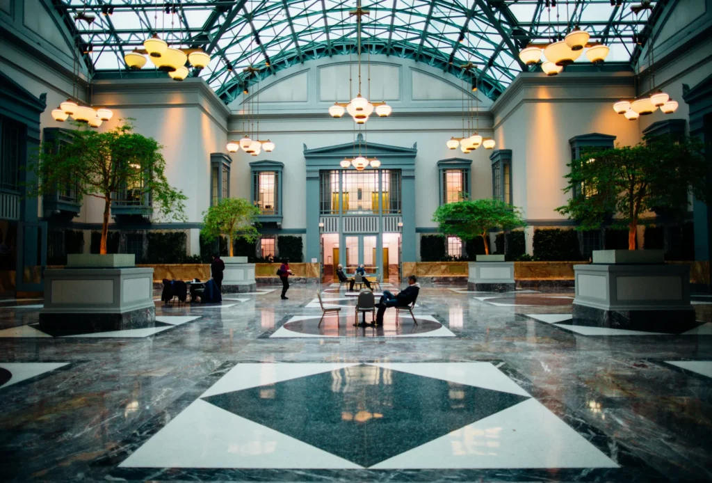 Hotel lobby with refreshed terrazzo flooring.